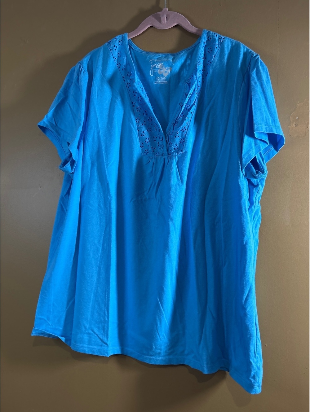 HC1209 Just My Style Women's Blue Eyelet Embroidered V-Neck T-Shirt 2X
